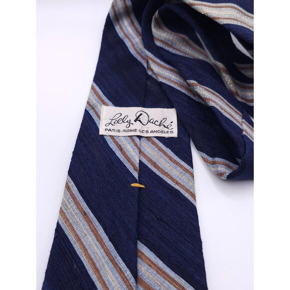 Vintage Lilly Dache Paris-Los Angeles Blue & Beige Striped Silk Tie - Picture 10 of 12